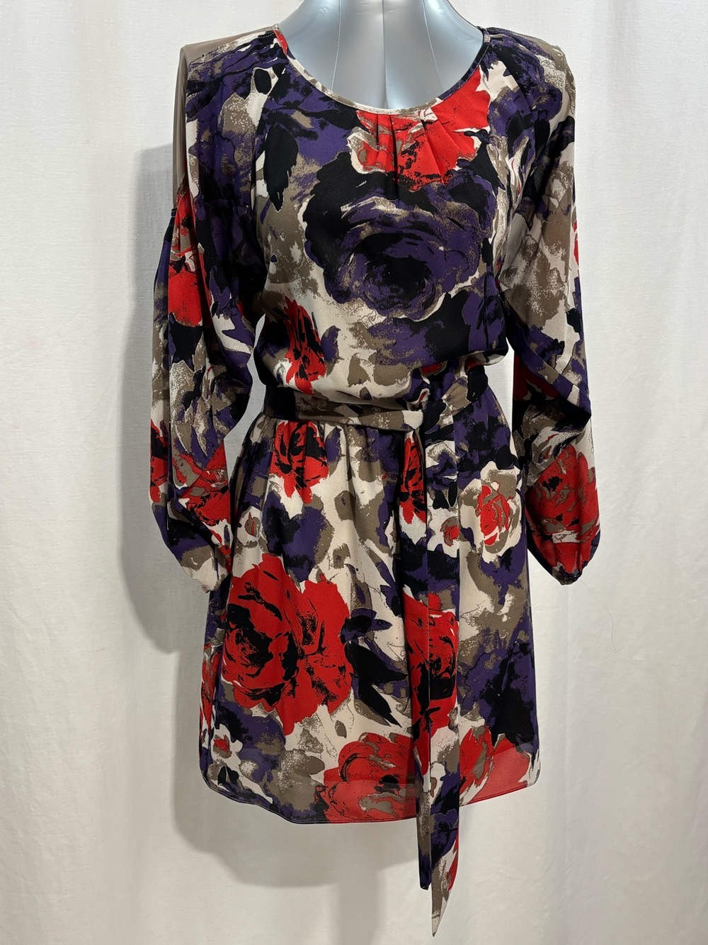 Nine West Floral Chiffon Cold Sheer Shoulder Belted Dress Sz 12 Red Purple 381